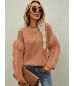 O-neck Fringe Trim Long Sleeve Solid Color Knitted Sweater 210710516 -Women Clothing Sales Store 210710516 4