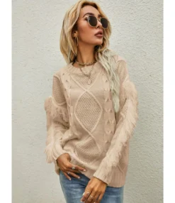 O-neck Fringe Trim Long Sleeve Solid Color Knitted Sweater 210710516 -Women Clothing Sales Store 210710516 5