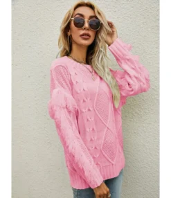 O-neck Fringe Trim Long Sleeve Solid Color Knitted Sweater 210710516 -Women Clothing Sales Store 210710516 6