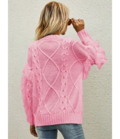 O-neck Fringe Trim Long Sleeve Solid Color Knitted Sweater 210710516 -Women Clothing Sales Store 210710516 7