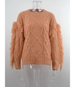 O-neck Fringe Trim Long Sleeve Solid Color Knitted Sweater 210710516 -Women Clothing Sales Store 210710516 8