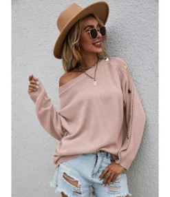 Long Sleeve Crew Neck Button Decor Knit Solid Color Sweater 210710601 -Women Clothing Sales Store 210710601 1 1