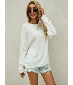Long Sleeve Crew Neck Button Decor Knit Solid Color Sweater 210710601 -Women Clothing Sales Store 210710601 2 1