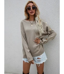 Long Sleeve Crew Neck Button Decor Knit Solid Color Sweater 210710601 -Women Clothing Sales Store 210710601 3 1