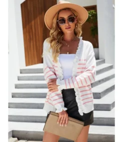 Long Sleeve V-Neck Striped Button Trim Cardigan Sweater 210710663