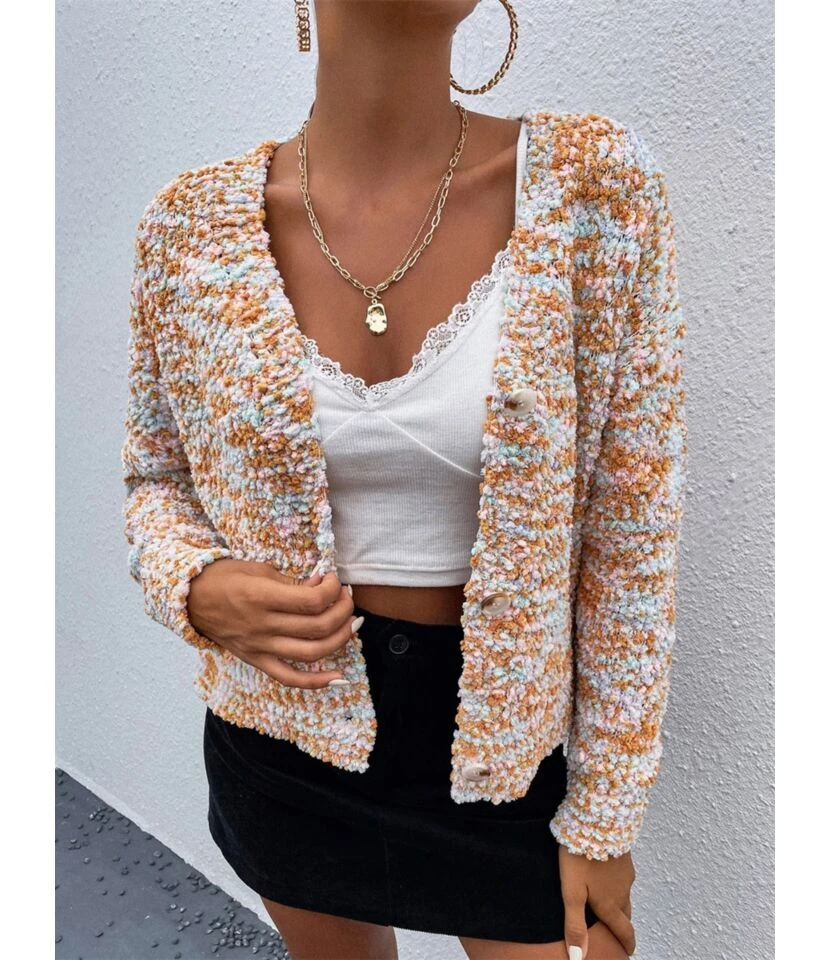 V-neck Long Sleeve Multicolor Short Sweater Cardigan 210710674 1 V-neck Long Sleeve Multicolor Short Sweater Cardigan 210710674