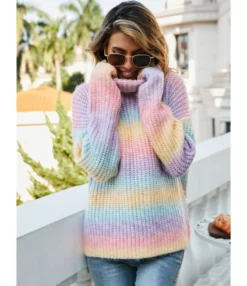 Long Sleeve Turtleneck Rainbow Striped Pullover Top Sweater 210710701