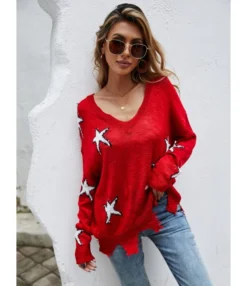 V-neck Long Sleeve Star Pattern Irregular Hem Knitted Sweater 210710806