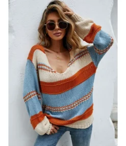 Stripes Color Blocking Knitting Loose Long Sleeve V-neck Sweater 210721428