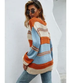 Stripes Color Blocking Knitting Loose Long Sleeve V-neck Sweater 210721428 -Women Clothing Sales Store 210721428 2 1