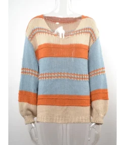 Stripes Color Blocking Knitting Loose Long Sleeve V-neck Sweater 210721428 -Women Clothing Sales Store 210721428 3 1
