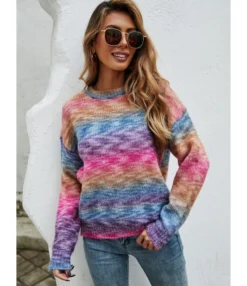 Rainbow Color-block Printted Pullovers Informal Sweater 210721469