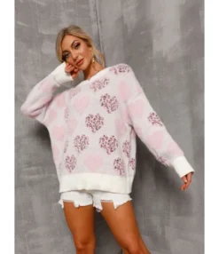 Casual Heart Leopard Print O Neck Long Sleeve Pullover Sweater 210721487