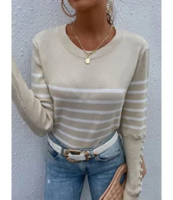 Pinstriped O-neck Ribbed Bottons Cuff Knitted Sweater 210721581 -Women Clothing Sales Store 210721581 01