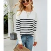 Pinstriped O-neck Ribbed Bottons Cuff Knitted Sweater 210721581