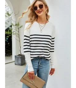 Pinstriped O-neck Ribbed Bottons Cuff Knitted Sweater 210721581