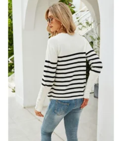 Pinstriped O-neck Ribbed Bottons Cuff Knitted Sweater 210721581 -Women Clothing Sales Store 210721581 3