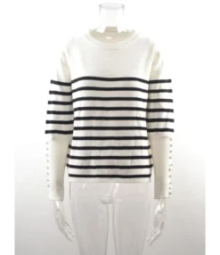 Pinstriped O-neck Ribbed Bottons Cuff Knitted Sweater 210721581 -Women Clothing Sales Store 210721581 5