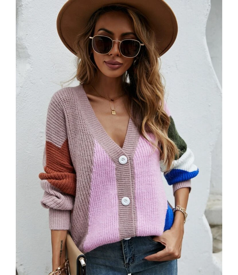 Casual V-Neck Color Block Long Sleeve Cable Knit Cardigan Sweater 210721664 1 Casual V-Neck Color Block Long Sleeve Cable Knit Cardigan Sweater 210721664