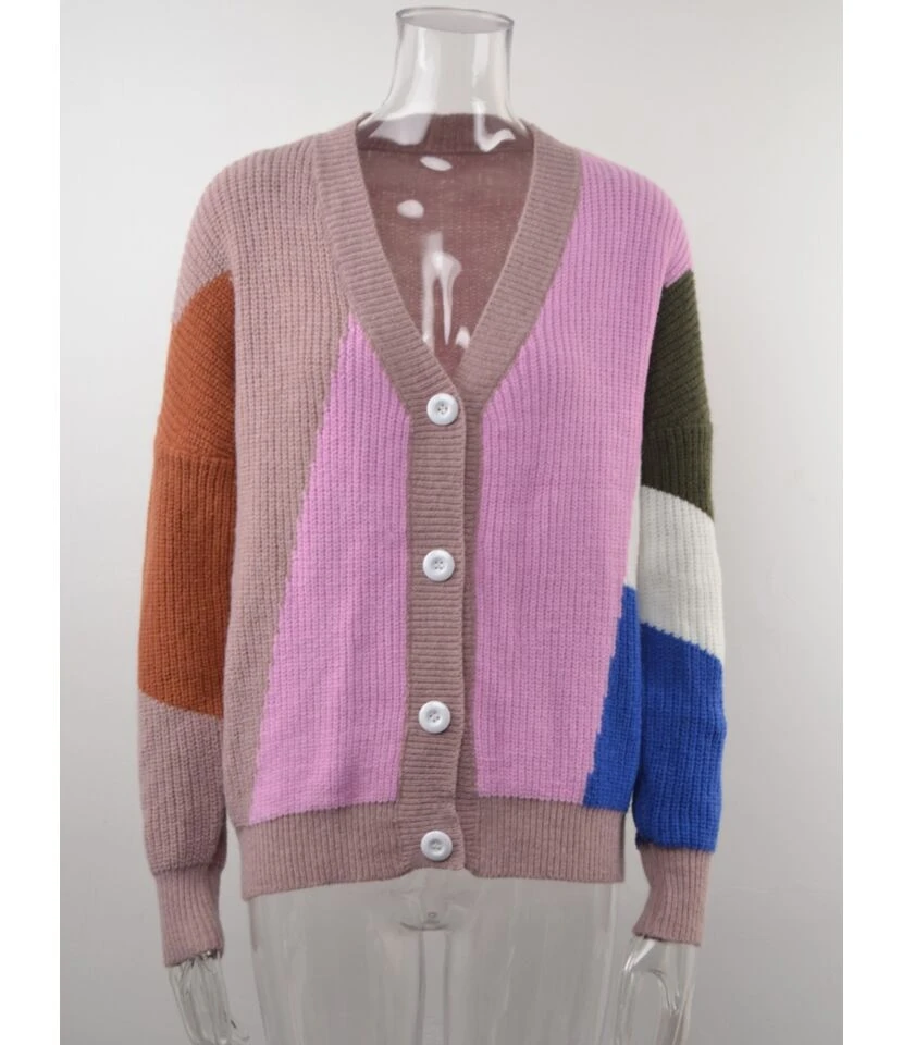 Casual V-Neck Color Block Long Sleeve Cable Knit Cardigan Sweater 210721664 4 Casual V-Neck Color Block Long Sleeve Cable Knit Cardigan Sweater 210721664 - Image 4