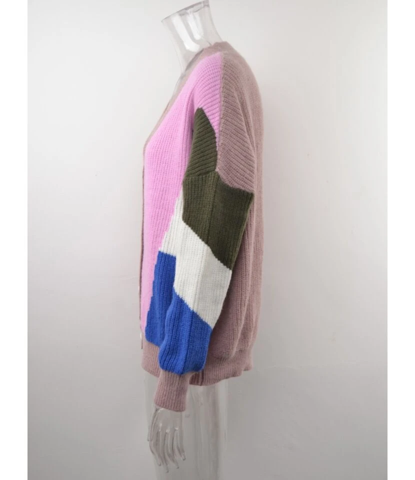 Casual V-Neck Color Block Long Sleeve Cable Knit Cardigan Sweater 210721664 7 Casual V-Neck Color Block Long Sleeve Cable Knit Cardigan Sweater 210721664 - Image 7