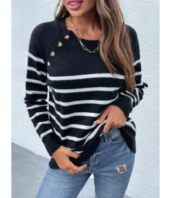 New Fall Striped Shoulder Button Detail Knit Sweater Blouse 210729605 -Women Clothing Sales Store 210729605 2