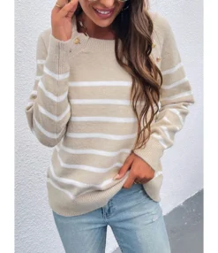 New Fall Striped Shoulder Button Detail Knit Sweater Blouse 210729605