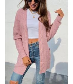 Twist Knitted Pockets Long Cardigan Sweater Coat 210729772