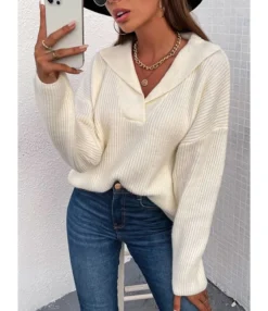 Lapel Collar Solid Color Deep V-Neck Sweater Blouse 210729824