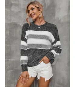 Knitted Sweater Color Block Stripes O-neck 210804056 7 Knitted Sweater Color Block Stripes O-neck 210804056 -Women Clothing Sales Store 210804056 1