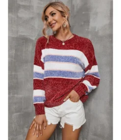 Knitted Sweater Color Block Stripes O-neck 210804056