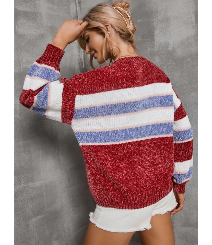 Knitted Sweater Color Block Stripes O-neck 210804056 3 Knitted Sweater Color Block Stripes O-neck 210804056 - Image 3
