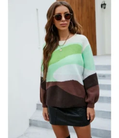 Knitted O-neck Patchwork Colorblock Pullover Sweater 210804320