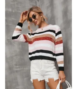 Stripes Colorblock O-neck Fall Short Sweater 210804592