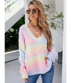 Rainbow Patchwork Tie Dye V-neck Sweater 210804831