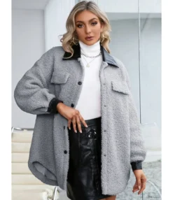 Plush Coat PU Leather Lapel Collar Pocket 210812879 -Women Clothing Sales Store 210812879 2