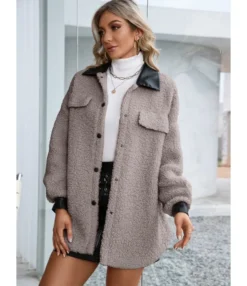 Plush Coat PU Leather Lapel Collar Pocket 210812879 -Women Clothing Sales Store 210812879 3