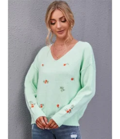 V-neck Floral Fall Knitting Sweater Pullover 210816014 9 V-neck Floral Fall Knitting Sweater Pullover 210816014 -Women Clothing Sales Store 210816014 1