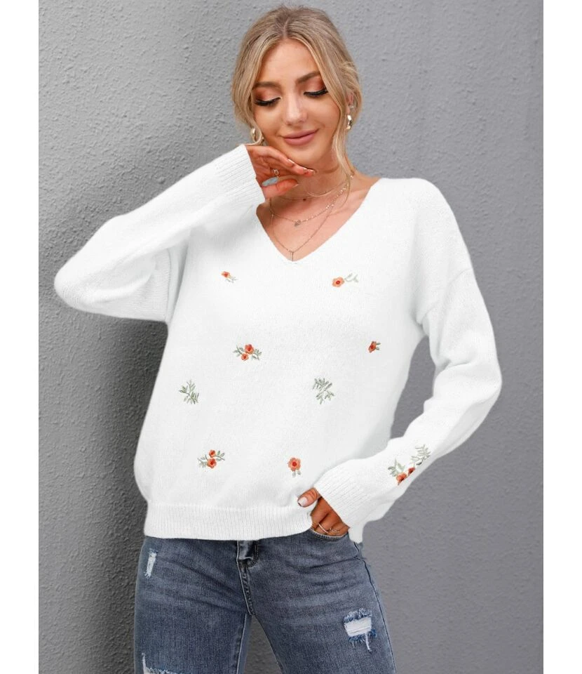 V-neck Floral Fall Knitting Sweater Pullover 210816014 5 V-neck Floral Fall Knitting Sweater Pullover 210816014 - Image 5