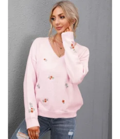 V-neck Floral Fall Knitting Sweater Pullover 210816014