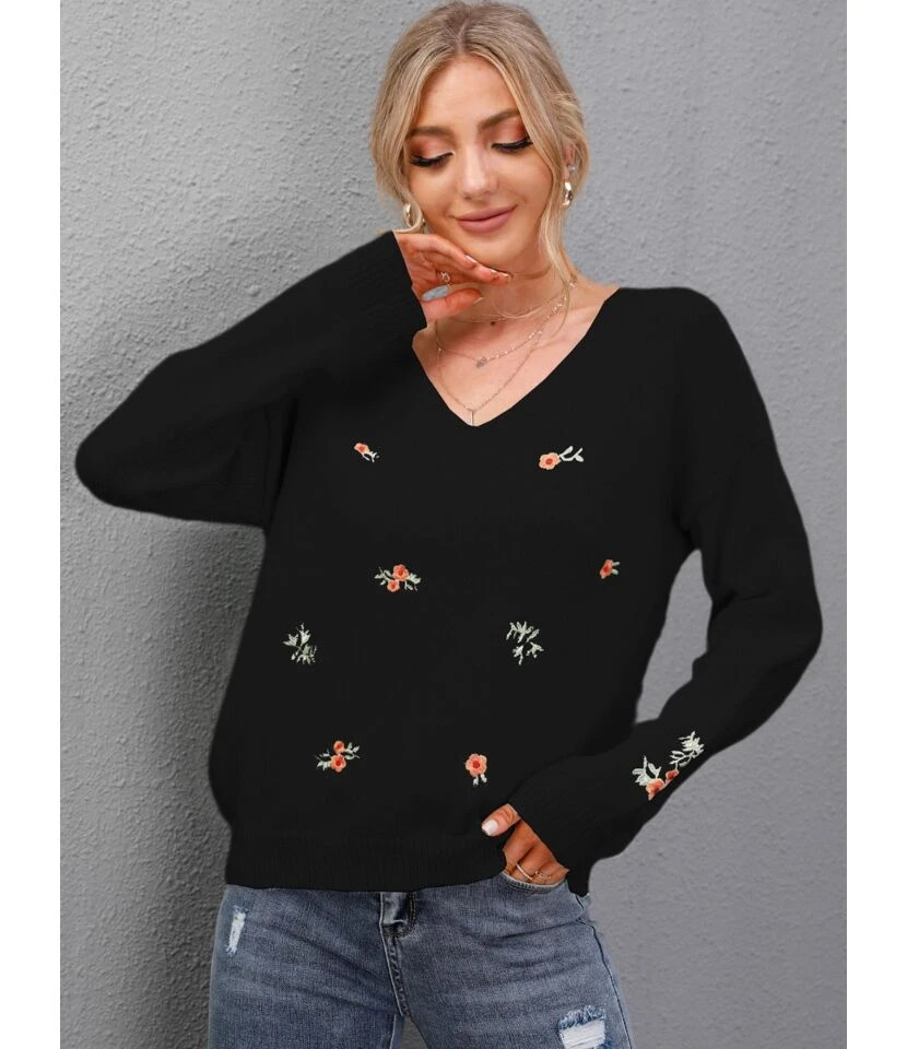 V-neck Floral Fall Knitting Sweater Pullover 210816014 6 V-neck Floral Fall Knitting Sweater Pullover 210816014 - Image 6