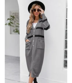 Long Sweater Coat Single Button Color Patchwork 210816497 -Women Clothing Sales Store 210816497 2