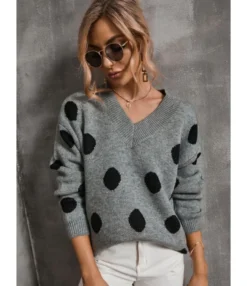 Polka Dot V-neck Long Sleeve Sweater 210820129 -Women Clothing Sales Store 210820129 1 1