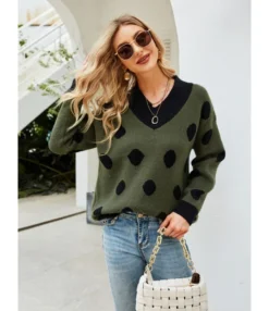 Polka Dot V-neck Long Sleeve Sweater 210820129