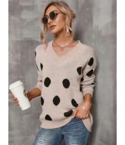 Polka Dot V-neck Long Sleeve Sweater 210820129 -Women Clothing Sales Store 210820129 3 2