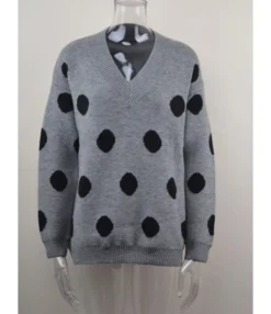 Polka Dot V-neck Long Sleeve Sweater 210820129 -Women Clothing Sales Store 210820129 5