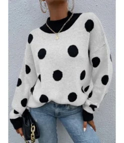 Round Neck Polka Dot Stitching Sweater 210820279 12 Round Neck Polka Dot Stitching Sweater 210820279 -Women Clothing Sales Store 210820279 3 1