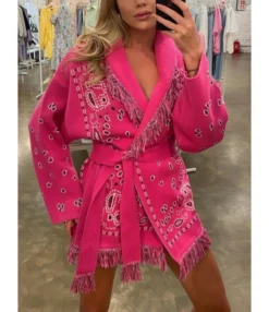 Fringe Long Sleeve Open Front Cardigans With Belted 210820335