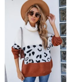 Turtleneck Pullover Color-Blocking Patchwork Leopard Sweater Wholesale Clothing 210820911
