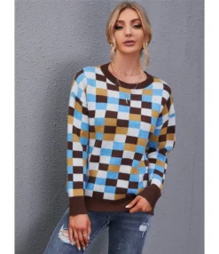 Woolen Colorblock Plaid Pattern Women Sweater Blouse 210820987